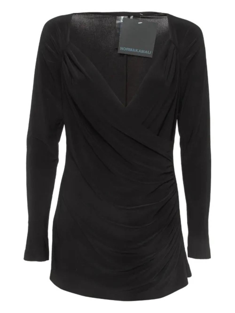 Norma Kamali Black Long-Sleeve Ruched Wrap Tunic Dress